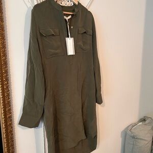 Nordstrom 100% silk Olive Green Long Sleeve Shirt Dress